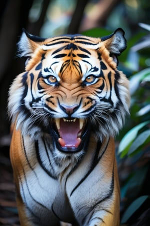 A close-up of a Bengal tiger mid-roar, its fur bristling and eyes fierce. The background is a dense jungle, with dappled light filtering through the canopy. The contrast between the tiger’s orange fur and the green foliage is stark, creating a powerful and dynamic image. Shot with a telephoto lens, capturing every whisker in detail.