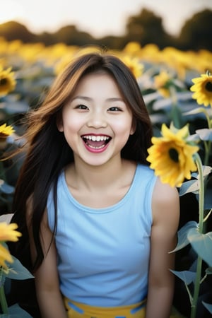 A dynamic portrait of a young girl laughing, her face full of joy. She is surrounded by a field of sunflowers, the bright yellow petals contrasting with her dark hair. The sunlight creates a warm, golden glow that envelops the scene, emphasizing the happiness and carefree nature of the moment. Captured with a fast shutter speed to freeze her movement perfectly.





