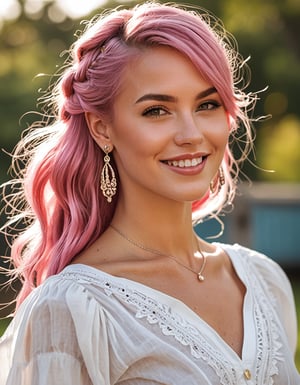 Generate hyper realistic image of a woman with long pink hair styled in a braid, with bangs gently resting on her forehead. She stands outside, smiling at the viewer while wearing a white shirt with puffy sleeves and high-waist shorts. The shirt has long sleeves that puff out, creating a stylish appearance. A ring adorns her finger, and she has earrings that catch the light. Her hair cascades over one shoulder, and the background is blurry, making her the focal point of the cowboy shot.,photo r3al