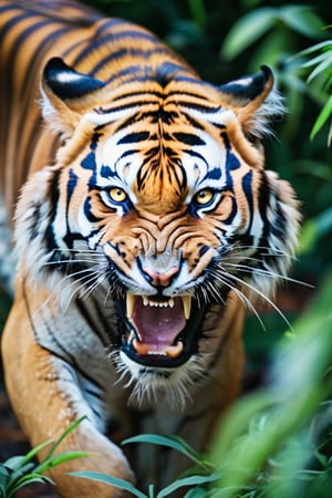 A close-up of a Bengal tiger mid-roar, its fur bristling and eyes fierce. The background is a dense jungle, with dappled light filtering through the canopy. The contrast between the tiger’s orange fur and the green foliage is stark, creating a powerful and dynamic image. Shot with a telephoto lens, capturing every whisker in detail.









