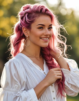 Generate hyper realistic image of a woman with long pink hair styled in a braid, with bangs gently resting on her forehead. She stands outside, smiling at the viewer while wearing a white shirt with puffy sleeves and high-waist shorts. The shirt has long sleeves that puff out, creating a stylish appearance. A ring adorns her finger, and she has earrings that catch the light. Her hair cascades over one shoulder, and the background is blurry, making her the focal point of the cowboy shot.,photo r3al