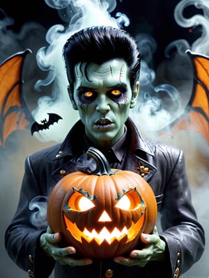  GhostlyStyle, portrait,  digital art of a zombie, Elvis Presley,  holding a halloween pumpkin, smoke, volumetric light, Dynamic pose, clay motion, stop motion,  8k, extremely detailed, high quality, close up , fantasy horror, highly detailed, ghostly wings, symmetrical,  
