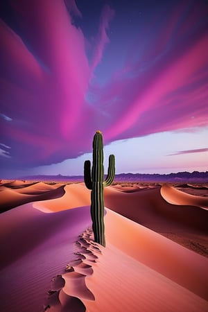 A panoramic landscape of a desert at dusk, with towering sand dunes and a sky painted in deep purples and reds. The foreground features a lone cactus, silhouetted against the vibrant sky. The scene is bathed in the last rays of sunlight, creating a sense of solitude and timeless beauty. Captured using HDR techniques to enhance the color depth.


