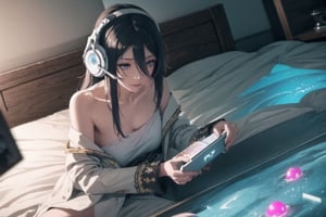 A Girl ,Waist Long Dark Gray Hair, Bronw Eyes, Loose White T-Shirt, White Jacket , Left Shoulder Exposed, Headphone , Playing Smartphone , Lolipop, Lie down on bed , Sleepy and Lazy Appearance , Tired Smile , Sniper Rifle , Radar Tower , Command Center , ((Best quality)), ((masterpiece)), 3D, HDR (High Dynamic Range),Ray Tracing, NVIDIA RTX, Super-Resolution, Unreal 5,Subsurface scattering, PBR Texturing, Post-processing, Anisotropic Filtering, Depth-of-field, Maximum clarity and sharpness, Multi-layered textures, Albedo and Specular maps, Surface shading, Accurate simulation of light-material interaction, Perfect proportions, Octane Render, Two-tone lighting, Wide aperture, Low ISO, White balance, Rule of thirds,8K RAW, Aura, masterpiece, best quality, Mysterious expression, magical effects like sparkles or energy, flowing robes or enchanting attire, mechanic creatures or mystical background, rim lighting, side lighting, cinematic light, ultra high res, 8k uhd, film grain, best shadow, delicate, RAW, light particles, detailed skin texture, detailed cloth texture, beautiful face, (masterpiece), best quality, expressive eyes, perfect face,nikkeredhood,hair over one eye,marian,Scarlet (nikke),hellsparadise style,fuyumi,exiadef