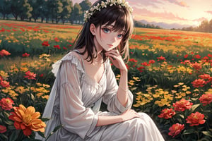an adult mature woman, delicate, elegant, soft, detailed clothes, opened space, nature, sitting down, flower crown, tenderness, beautiful, gorgeous face, mature face, soft expression, sitting on the ground, beautiful reflection, angled camera shot, looking away, smooth surface, , cinematic, softer tone, beautiful lighting, beautiful shadows, bokeh lighting, bloom, high quality, masterpiece, very good parallax, shimmering, post-processing effects, flower field, evening sunseters, more than 5 fingers, bad hands,
