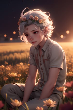 man,  adult,  male vampire,  silver hair,  red eyes,  elegant,  soft,  detailed clothes,  opened space,  nature,  sitting down,  flower crown,  manly,  tenderness,  beautiful,  mature face,  soft expression,  sitting on the ground,  beautiful reflection,  angled camera shot,  looking away,  smooth surface,   ,  cinematic,  softer tone,  beautiful lighting,  beautiful shadows,  bokeh lighting,  bloom,  high quality,  masterpiece,  very good parallax,  shimmering,  post-processing effects,  flower field,  evening sunset,  simple,  tears,  sad expression,  soft cry,  (Man) character is adult in late 30, ,meimei,AstarionNewBG