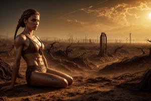 (1girl), viking warrior, trained and athletic, beautiful muscles, (athlete:1.1), survivor in a postapocalyptic world, dry and destroyed landscape, dirt, sand and mud, (masterpiece, top quality, colorful, beautiful and aesthetic:1.2), (survivor:1.2), scramble, (artfully braided hair:1.2), (muscular fit body:1.2), (visible abs:0.8),  (photorealistic:1.2), enchanted atmosphere, cyberpunk world, 80ies style, postapocalyptic setting, hot dry air, glowing sun, sweaty skin, dirty skin, sandy landscape, ancient trees and drooping vines, short grass creating a lush khaki carpet, desert, mud colored sand, dirt and dust, the sun begins its slow descent, casting a golden glow across the land, hyper realistic, full lips, dystopian sunset in the desert, (muscular shoulders:1.2), (athletic body:1.2), (freckles:1.3), (chestnut hair:1.2), wasteland, (ultra high skin details:1.1), (very highly detailed eyes:1.1), postapocalyptic setting with ruins, surprising dreamlike elements, realistic, imaginative, creative, sensual, dynamic, with incredible detailed faces, warm and soft colors, outdoors, greenery, rusty crane, wilderness, wrecks, otherworldly, mysterious, digital painting with creative techniques, intricate detailed textures, highly detailed, beautiful eyes, unusual atmospheric effects, blending day and night, 64K UHD, Porta 160 color, shot on ARRI ALEXA 65, shot by Don McCullin (natural skin texture:1.2), (hyperrealism:1.1), (perfect eyes:1.3), REALISTIC, DonM0ccul7Ru57