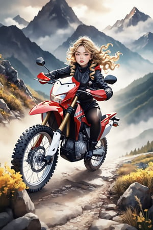 An artistic vision of a female adventurer wearing a closely fitted jacket, warm skirt, black tights, and ankle boots. She is driving her Honda CR250R on mountain path. Fierce and confident expression, suggestive poses exuding seductive charm. Blonde hair styled into ringlets that framed the face. Misty mountain peak, warm color palette, tranquil, soft focus, smooth gradients, digital painting, highly detailed, calming, positive energy flow, nature elements. vivid colors, vibrant colors. Highly detailed. Cluttered maximalism. Close-up shot. High angle. Super wide angle, 