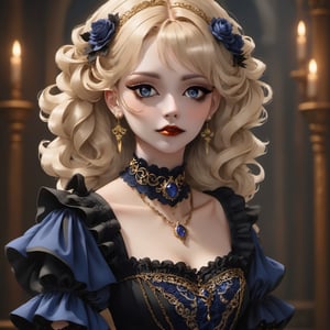 A witch dressed in a sapphire Gothic lolita outfit adorned with lace ruffles and floral embroidery is turning to look at the camera. She wears a gold necklace. Her blonde hair is styled in curly looks,  with ringlets,  slightly disheveled,  and blown away by the wind. Makeup creates a doll-like appearance with pale skin,  dark eyeliner,  and bold,  red lips. Castle entrance in the background. Ominous atmosphere,  Artstation,  Rembrandt lighting,  vibrant colors,  intricate details,  octane render,  64k,  photorealistic,  a masterpiece.,Wonder of Beauty,2b-Eimi,watercolor \(medium\)