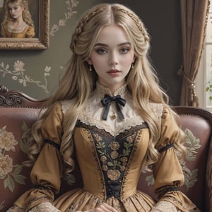 Hyperrealistic art young lady dressed in an ochre Victorian dress embroidered with foliage and vines patterns. Long blonde hair, wavy hair, slightly disheveled, and hair between her eyes. She is sitting on a couch.  Extremely high-resolution details, photographic, realism pushed to extreme, fine texture, incredibly lifelike. Cluttered maximalism. Womancore. Dusk. High angle. Practical lighting. Masterpiece. ,lolita_dress,ani_booster,real_booster,Victorian,,