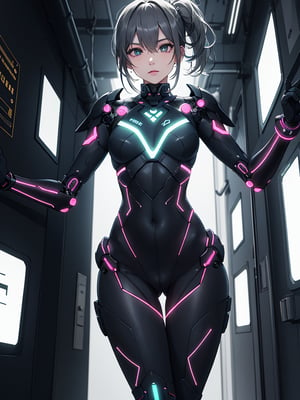 An illustration in the Kinetic art style of a Japanese girl encompassed in stainless steel cybernetic plate armor creeping down the grim spaceship corridor with neon lighting on the walls. The waist is cinched to an extremely thin waist. The crotch shield is reinforced by thick metal with visible rivets. On her neck is a thick collar with LEDs. Hair is gathered in a ponytail on the top of the head. Extremely high-resolution details. Neon lighting. 