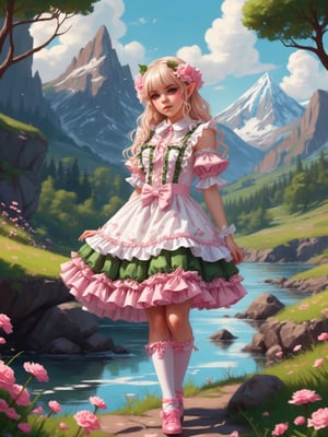 Illustrate an elf girl in frilly sweet lolita clothing in a bold graphic style. Experiment with with wild unrealistic colors. Landscape.
