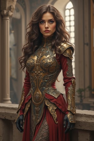 A  bronze punk painting of a slender female figure in a rave fashion style armor ensemble standing on castle battlements. She has long, wavy hair elaborately styled, and her makeup is dramatic with bold eyes. The figure stands confidently, with a slight turn to her posture, showcasing the complexity of her armor. The lighting is carefully placed to enhance the reflective qualities of the metal and the shadows created by the detailed filigree. Paulina2. Womancore. Highly detailed. 64k, Ultra dynamic range. 
