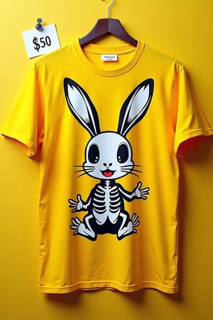 Image in the style of an Papercut 3D. Yellow t-shirt with a skeletal rabbit print in bold, alternative fashion, blending gothic, punk, and visual kei elements. A white card pinned to a T-shirt with the price: "$50" 8k, HDR. UDR.