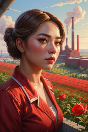 Painting in the style of socialist realism, beautiful landscapes, hyperrealistic precision, and digital art techniques. A collective farm woman and male factory worker look at the horizon. Flowers, sunlight, the body, youth, flight, industry, and new technology. The illustration shows the utopianism of communism and the Soviet state. High nose bridge, doe eyes, sharp jawline, plump lips, healthy skin, k-pop makeup. Soft lighting wraps around her face, accentuating every curve and crease. Wide angle. Cluttered maximalism. Mote Kei. Extremely high-resolution details.,REALISTIC