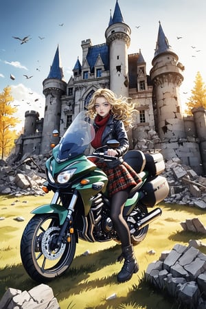 An artistic vision of a female adventurer surveying a castle ruins. She is wearing a warm outfit with a closely fitted jacket, warm woolen skirt, black tights, and ankle boots. She is driving a Kawasaki Vulcan 1700 Voyager motorcycle. Fierce and confident expression, suggestive poses exuding seductive charm. Blonde hair styled into ringlets that framed the face. An abandoned castle, deserted, destroyed sculptures, reliefs on walls, grass, scattered rubble, vibrant colors. Highly detailed. Cluttered maximalism. Close-up shot. Super wide angle, 