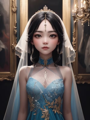 Digital art style, psychedelic, abstract, muted colors portrait of an Asian girl dressed in a luxurious Damask blue gown with intricate details and wearing a delicate, transparent veil over her hair, which is styled elegantly. She is portrayed in a three-quarter view, turning slightly to her right, suggesting movement and grace. Her face exudes calmness and intelligence, with a gentle, serene expression and soft, luminous skin. The background of the painting is inside a dark mansion, contrasting sharply with the girl's light complexion, drawing the viewer's focus to her face.  expressionism, exquisite detail, lifelike, powerful emotional connection.