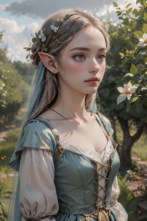An artistic vision of an ethereal and frail elf lady dressed in XIV century French courtly clothes standing in the forest. Photorealistic. Highly detailed. Cluttered maximalism. Low-key lighting. Rim light. High angle. ,oil paint ,real_booster,Mysticstyle