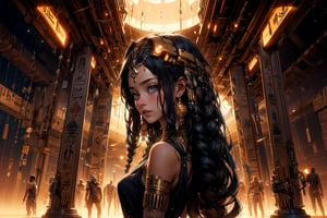 A blending of cyberpunk girl and Egyptian fashion and hairstyle. She is standing amidst a mesmerizing space landscape with fantastic planets, the golden hour, low-key lighting, enhancing the science fiction ambiance, futuristic masterpiece, detailed composition, best quality, low angle, egyptian