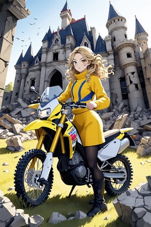An artistic vision of a female adventurer surveying a castle ruins. She is wearing a warm outfit with a closely fitted jacket, warm woolen skirt, black tights, and ankle boots. She is driving a Suzuki RM-Z450 motorcycle. Fierce and confident expression, suggestive poses exuding seductive charm. Blonde hair styled into ringlets that framed the face. An abandoned castle, deserted, destroyed sculptures, reliefs on walls, grass, scattered rubble, vibrant colors. Highly detailed. Cluttered maximalism. Close-up shot. Super wide angle, 