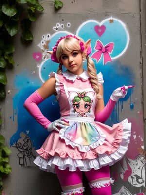 Craft a street art-inspired image of elf wearing frilly sweet Lolita clothing using stencils and spray paint. Landscape. 