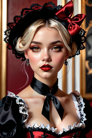 Comic illustration of the woman in a Gothic Lolita outfit. She has a small face size, and a sharply defined jawline tapering to a pointed chin. Fair, unblemished skin smooth and clear and almost translucent. Lip color fades out toward the edge of the lips, creating a subtle, natural look. Natural makeup highlights flawless skin and creates the illusion of bigger eyes. A small pouch of skin under the eyes. The outfit consists of a layered skirt in red and black with lace trim, a black blouse with ruffled sleeves, and a corseted waist cincher in a contrasting color. She wears a matching headpiece with ribbons and lace, black gloves, and high-heeled Mary Jane shoes. The style is intricate and romantic, with a color palette that emphasizes the Gothic influence. The woman's expression is soft and contemplative, adding to the mysterious and refined atmosphere of the scene. Shot on Olympus OM20. Portrait lens. urban, minimalist, high-contrast, oblique view, chic individuals posing, tailored suits, statement accessories, luxurious fabrics, bold patterns, confidence, engaging with camera, fashion district, geometric architecture, dramatic spotlight, abstract, crisp edges,