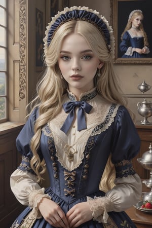 Hyperrealistic art young lady dressed in a deep blue Victorian dress embroidered with foliage patterns. Long blonde hair, wavy hair, slightly disheveled, and hair between her eyes. Bonnet decorated with ribbons, flowers, feathers, and lace. She is standing in the middle of a Crusader castle. Table with a fruit plate. Extremely high-resolution details, photographic, realism pushed to extreme, fine texture, incredibly lifelike. Cluttered maximalism. Womancore. Dusk. High angle. Practical lighting. Masterpiece. ,lolita_dress,ani_booster,real_booster,Victorian,,