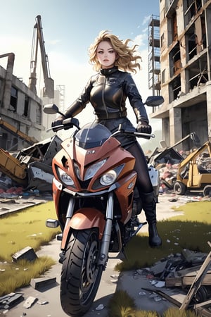 An artistic vision of a female adventurer surveying a destroyed city. She is wearing a warm outfit with a closely fitted jacket, warm woolen skirt, black tights, and ankle boots. She is driving a Kawasaki Vulcan 1700 Voyager motorcycle. Fierce and confident expression, suggestive poses exuding seductive charm. Blonde hair styled into ringlets that framed the face. An abandoned industrial area, deserted, rusty excavator wreck, grass, scattered garbage, vibrant colors. Highly detailed. Delicate minimalism. Close-up shot. Super wide angle, 