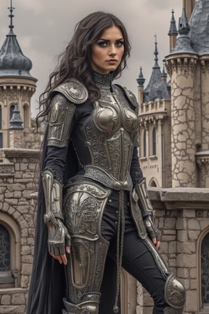 An ink style painting of a slender female figure in a rave fashion style armor ensemble standing on castle battlements. She has long, wavy hair elaborately styled, and her makeup is dramatic with bold eyes. The figure stands confidently, with a slight turn to her posture, showcasing the complexity of her armor. The lighting is carefully placed to enhance the reflective qualities of the metal and the shadows created by the detailed filigree. Paulina2. Womancore. Highly detailed. 64k, Ultra dynamic range. 
