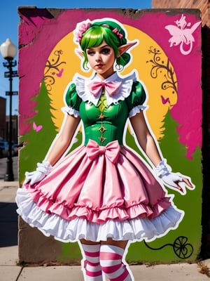 Craft a street art-inspired image of elf wearing frilly sweet Lolita clothing using stencils and spray paint. Landscape. 