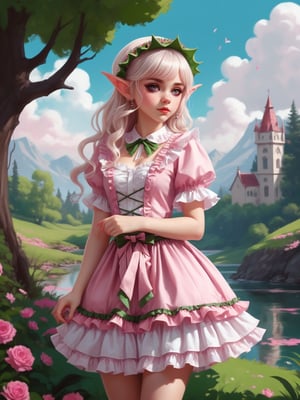 Illustrate an elf girl in frilly sweet lolita clothing in a bold graphic style. Experiment with with wild unrealistic colors. Landscape.
