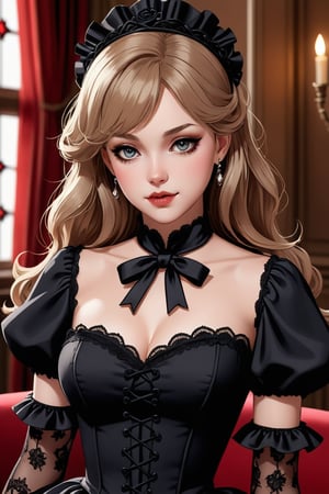 Comic illustration of the woman in a Gothic Lolita outfit. She has a small face size, and a sharply defined jawline tapering to a pointed chin. Fair, unblemished skin smooth and clear and almost translucent. Lip color fades out toward the edge of the lips, creating a subtle, natural look. Natural makeup highlights flawless skin and creates the illusion of bigger eyes. A small pouch of skin under the eyes. The outfit consists of a layered skirt in red and black with lace trim, a black blouse with ruffled sleeves, and a corseted waist cincher in a contrasting color. She wears a matching headpiece with ribbons and lace, black gloves, and high-heeled Mary Jane shoes. The style is intricate and romantic, with a color palette that emphasizes the Gothic influence. The woman's expression is soft and contemplative, adding to the mysterious and refined atmosphere of the scene. Shot on Olympus OM20. Portrait lens. urban, minimalist, high-contrast, oblique view, chic individuals posing, tailored suits, statement accessories, luxurious fabrics, bold patterns, confidence, engaging with camera, fashion district, geometric architecture, dramatic spotlight, abstract, crisp edges,