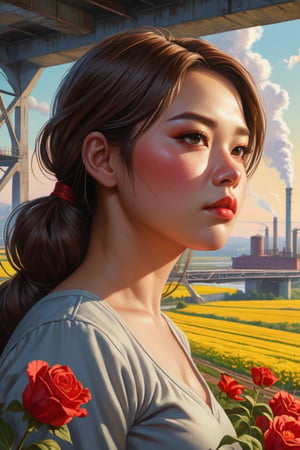 Painting in the style of socialist realism, beautiful landscapes, hyperrealistic precision, and digital art techniques. A collective farm woman and male factory worker look at the horizon. Flowers, sunlight, the body, youth, flight, industry, and new technology. The illustration shows the utopianism of communism and the Soviet state. High nose bridge, doe eyes, sharp jawline, plump lips, healthy skin, k-pop makeup. Soft lighting wraps around her face, accentuating every curve and crease. Wide angle. Cluttered maximalism. Mote Kei. Extremely high-resolution details.,REALISTIC