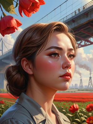 Painting in the style of socialist realism, beautiful landscapes, hyperrealistic precision, and digital art techniques. A collective farm woman looks at the horizon. Flowers, sunlight, the body, youth, flight, industry, and new technology. The illustration shows the utopianism of communism and the Soviet state. High nose bridge, doe eyes, sharp jawline, plump lips, healthy skin, k-pop makeup. Soft lighting wraps around her face, accentuating every curve and crease. Wide angle. Cluttered maximalism. Mote Kei. Extremely high-resolution details.,REALISTIC