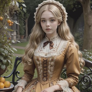 Hyperrealistic art young lady dressed in an ochre Victorian dress embroidered with foliage patterns. Long blonde hair, wavy hair, slightly disheveled, and hair between her eyes. Bonnet, hairnets, and veils. She is sitting on a bench in the garden. Table with a fruit plate. Extremely high-resolution details, photographic, realism pushed to extreme, fine texture, incredibly lifelike. Cluttered maximalism. Womancore. Dusk. High angle. Practical lighting. Masterpiece. ,lolita_dress,ani_booster,real_booster,Victorian,,