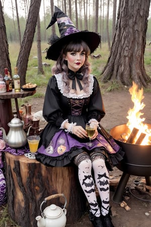 An abstract portrait in tarot card style of a witch dressed in sweet Lolita attire sits on a trunk next to a campfire. Witch hat, arm warmers, tights with floral pattern. She drinks white wine. Next to her stands small table with kettle, bottles and cup. Half smile. Dark forest. Disheveled hair. Close-up shot. Cluttered maximalism. Low-key lighting. High angle. Photorealistic. Haunting and ominuous atmosphere. ani_booster,real_booster,Magical Fantasy style