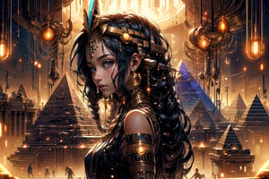 A blending of cyberpunk girl and Egyptian fashion and hairstyle. She is standing amidst a mesmerizing space landscape with fantastic planets, pyramids, the golden hour, low-key lighting, science fiction style, futuristic masterpiece, detailed composition, best quality, low angle, egyptian