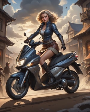Concept art of a collectible card game background and border design. The female adventurer is wearing a warm skirt, black tights and ankle boots. She is driving a Yamaha NMAX scooter. Fierce and confident expression, suggestive pose exuding seductive charm. Mysterious atmosphere, dramatic lighting emphasizing shadows, Digital artwork, infographics, illustrative, painterly, matte painting, highly detailed. Cluttered maximalism. Storm clouds. Masterpiece. High angle.  Close-up shot. Super wide angle.