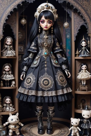 BJD. She wears mechanical space suit and on top of that an elaborate gothic lolita dress and boots. The whole outfit is covered by Indian and South-Asian embroidery and decorations. diorama, masterpiece, cluttered maximalism, detailed illustration.