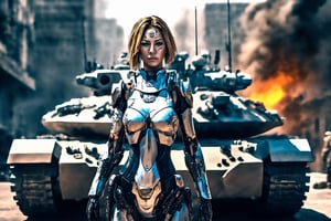 Photograph of Police female cyborg. She is standing against her small tank. Panfuturism, 64k, UDR, HDR, masterpiece, high detail, 3D illustration, high contrast, ultra sharp.,Anime