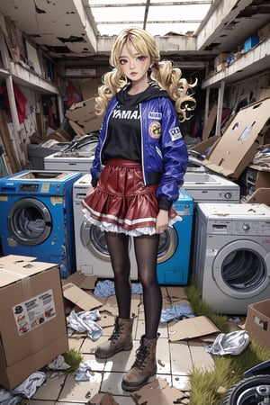 An artistic vision of a female adventurer surveying abandoned mall. She is wearing a closely fitted jacket, warm skirt, black tights, and ankle boots. She is standing next to her Yamaha YZ250 motorcycle. Fierce and confident expression, suggestive poses exuding seductive charm. Blonde hair styled into ringlets that framed the face. An abandoned washing machine shop, deserted, destroyed machinery, rusty washing machines, broken floor tiles, grass, scattered cardboard packaging. vivid colors, vibrant colors. Highly detailed. Cluttered maximalism. Close-up shot. High angle. Super wide angle, 