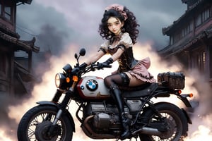 Hyperrealistic vision of an alluring and hot witch dressed in Wa Lolita attire riding on her BMW R80GS motorcycle. Black tights. Knee pads. Gloves. Half smile. Disheveled hair. Cluttered maximalism. Low-key lighting. High angle. Haunting atmosphere.  High-resolution details, realism pushed to extreme, fine texture, incredibly lifelike. ani_booster,real_booster,photo_b00ster,gugong