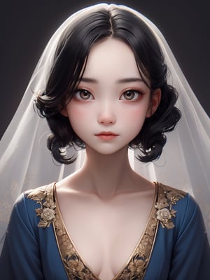 Digital art style, psychedelic, abstract, muted colors portrait of an Asian girl dressed in a luxurious Damask blue gown with intricate details and wearing a delicate, transparent veil over her hair, which is styled elegantly. She is portrayed in a three-quarter view, turning slightly to her right, suggesting movement and grace. Her face exudes calmness and intelligence, with a gentle, serene expression and soft, luminous skin. The background of the painting is inside a dark mansion, contrasting sharply with the girl's light complexion, drawing the viewer's focus to her face.  expressionism, exquisite detail, lifelike, powerful emotional connection.