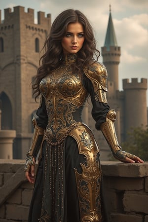 A  bronze punk painting of a slender female figure in a rave fashion style armor ensemble standing on castle battlements. She has long, wavy hair elaborately styled, and her makeup is dramatic with bold eyes. The figure stands confidently, with a slight turn to her posture, showcasing the complexity of her armor. The lighting is carefully placed to enhance the reflective qualities of the metal and the shadows created by the detailed filigree. Paulina2. Womancore. Highly detailed. 64k, Ultra dynamic range. 
