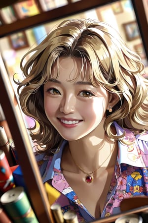 An artistic vision of a female adventurer looking in the mirror. She has an unbuttoned shirt dress, black tights, and ankle boots. Blonde hair styled into ringlets that framed the face. masterpiece, best quality, girl, collarbone, wavy hair, looking at the viewer, blurry foreground, upper body, necklace, vintage 80s and 90s style, intricate, print, pattern, dappled sunlight, smile, happy. Highly detailed. Cluttered maximalism. Close-up shot. Super wide angle, jeon_jihyun,real_booster