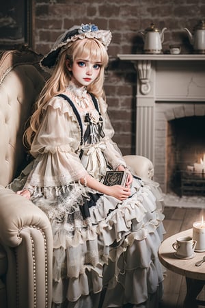 Hyperrealistic art young witch dressed in sweet Lolita attire embroidered with blue flowers. Long hair, wavy hair, slightly disheveled, and hair between her eyes. She is sitting on an armchair by a fireplace in her country stonehouse. Glowing magical book. On the table stands a kettle, a cup, and a wine bottle. Kerosene lamp and candlestick. Extremely high-resolution details, photographic, realism pushed to extreme, fine texture, incredibly lifelike. Cluttered maximalism. Womancore. Haunting atmosphere. Dusk. High angle. Practical lighting. Masterpiece. ,lolita_dress