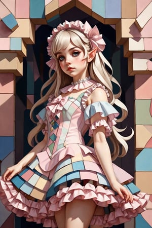 Create a fragmented painting of a female elf in a frilly sweet Lolita outfit with multiple perspectives. Cubism.
