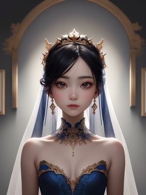 Digital art style, psychedelic, abstract, muted colors portrait of an Asian girl dressed in a luxurious Damask blue gown with intricate details and wearing a delicate, transparent veil over her hair, which is styled elegantly. She is portrayed in a three-quarter view, turning slightly to her right, suggesting movement and grace. Her face exudes calmness and intelligence, with a gentle, serene expression and soft, luminous skin. The background of the painting is inside a dark mansion, contrasting sharply with the girl's light complexion, drawing the viewer's focus to her face.  expressionism, exquisite detail, lifelike, powerful emotional connection.