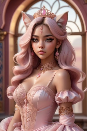 Digital art style, psychedelic, abstract, muted colors portrait of an Anime-style cat-girl princess in Middle Eastern-inspired pink Lolita fashion. Ornate rose-gold tiara with cat ears. Flowing pink gown with intricate arabesque patterns, layers of tulle and lace. Puffy sleeves, corset-style bodice. Long, wavy pastel hair. Large, expressive eyes. Delicate whisker marks on cheeks. Holding jeweled scepter. Opulent palace backdrop with arched windows, silk curtains. Soft, dreamy lighting. Blend of kawaii, royal, and Arabian Nights aesthetics