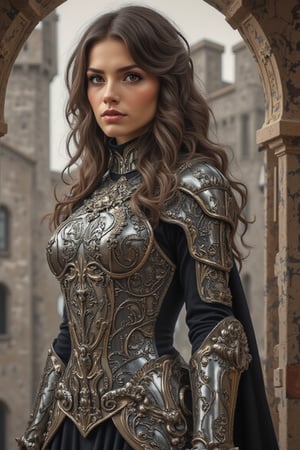 An ink style painting of a slender female figure in a rave fashion style armor ensemble standing on castle battlements. She has long, wavy hair elaborately styled, and her makeup is dramatic with bold eyes. The figure stands confidently, with a slight turn to her posture, showcasing the complexity of her armor. The lighting is carefully placed to enhance the reflective qualities of the metal and the shadows created by the detailed filigree. Paulina2. Womancore. Highly detailed. 64k, Ultra dynamic range. 
